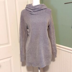Lands' End large 10 12 light gray chenille sweater loose cowl turtleneck warm